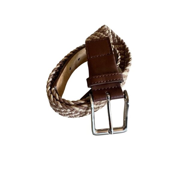 Men's Braided Belt Tan & Brown Bonded Leather & Woven Fabric Size 32/80 - Picture 1 of 5